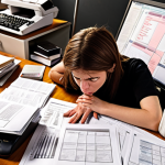 **Prompt:** A cluttered desk overflowing with legal documents, flowcharts, and highlighted texts. A stressed individual sits hunched over, surrounded by papers, struggling to make sense of complex regulations. Online resources are visible on a computer screen, and a frustrated expression is on their face. The scene captures the feeling of being overwhelmed by information and needing to find a way to organize and understand it all. Style: Realistic, detailed, slightly dark lighting to emphasize the struggle.