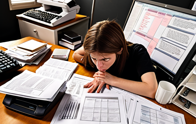 **Prompt:** A cluttered desk overflowing with legal documents, flowcharts, and highlighted texts. A stressed individual sits hunched over, surrounded by papers, struggling to make sense of complex regulations. Online resources are visible on a computer screen, and a frustrated expression is on their face. The scene captures the feeling of being overwhelmed by information and needing to find a way to organize and understand it all. Style: Realistic, detailed, slightly dark lighting to emphasize the struggle.