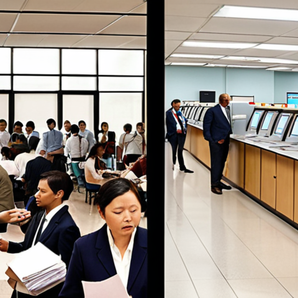 **Transformation of Public Services:** A split image contrasting old and new public administration. On the left, a chaotic scene with long queues, frustrated citizens, and piles of paper within a dull, outdated government office. On the right, a bright, modern, and efficient multi-functional center (MFC) where people are calmly using electronic kiosks and interacting with helpful staff, alongside individuals accessing digital government services seamlessly on their smartphones and laptops in a comfortable, home-like setting. Emphasize the shift from burdensome bureaucracy to citizen-centric digital convenience.