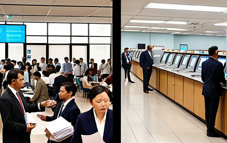 **Transformation of Public Services:** A split image contrasting old and new public administration. On the left, a chaotic scene with long queues, frustrated citizens, and piles of paper within a dull, outdated government office. On the right, a bright, modern, and efficient multi-functional center (MFC) where people are calmly using electronic kiosks and interacting with helpful staff, alongside individuals accessing digital government services seamlessly on their smartphones and laptops in a comfortable, home-like setting. Emphasize the shift from burdensome bureaucracy to citizen-centric digital convenience.