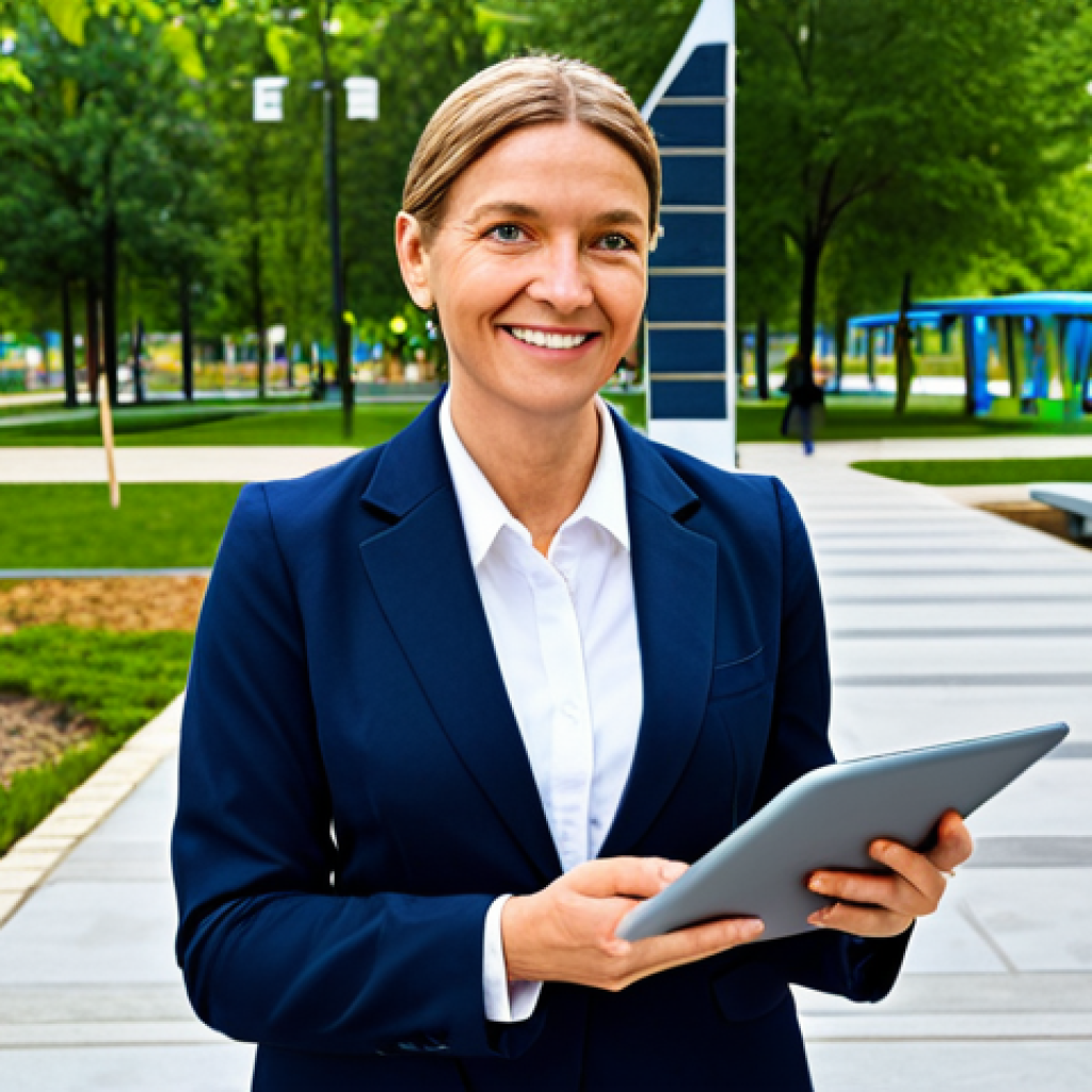 A professional female public administrator, fully clothed in a modest business suit, standing confidently in a newly revitalized, modern urban park. The park features innovative design elements like accessible playgrounds, lush green spaces, and clean pathways, reflecting successful community development. The administrator is holding a tablet with a subtle digital city plan displayed. The scene is bright and optimistic, showcasing positive community impact. Perfect anatomy, correct proportions, natural pose, well-formed hands, proper finger count, professional photography, high quality, safe for work, appropriate content, family-friendly.