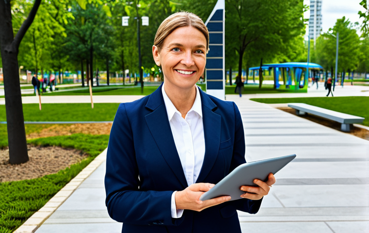 A professional female public administrator, fully clothed in a modest business suit, standing confidently in a newly revitalized, modern urban park. The park features innovative design elements like accessible playgrounds, lush green spaces, and clean pathways, reflecting successful community development. The administrator is holding a tablet with a subtle digital city plan displayed. The scene is bright and optimistic, showcasing positive community impact. Perfect anatomy, correct proportions, natural pose, well-formed hands, proper finger count, professional photography, high quality, safe for work, appropriate content, family-friendly.