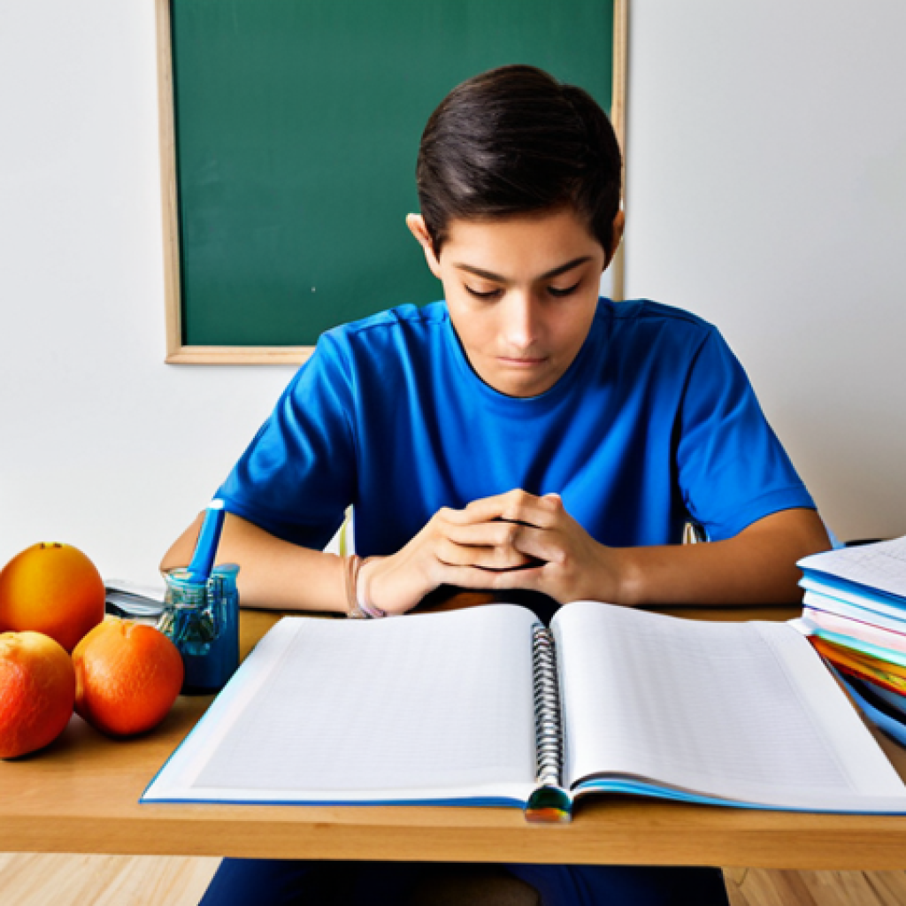 Focused Study & Well-being**

Prompt: A student studying diligently at a desk overflowing with textbooks and notes, but also incorporating elements of well-being: a glass of water, a healthy snack (like fruit), and a yoga mat visible in the corner.  Emphasize concentration and a balanced approach to learning.  Include elements of a study plan visible (like a calendar). Fully clothed, appropriate attire, safe for work, perfect anatomy, natural proportions, professional, family-friendly.

**