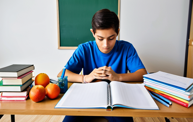 Focused Study & Well-being**

Prompt: A student studying diligently at a desk overflowing with textbooks and notes, but also incorporating elements of well-being: a glass of water, a healthy snack (like fruit), and a yoga mat visible in the corner.  Emphasize concentration and a balanced approach to learning.  Include elements of a study plan visible (like a calendar). Fully clothed, appropriate attire, safe for work, perfect anatomy, natural proportions, professional, family-friendly.

**