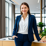 **

A property manager, fully clothed in a modest business casual outfit (blazer, blouse, and slacks), standing in the lobby of a modern apartment building in Moscow. The lobby features sleek architecture, a concierge desk, and indoor plants. Natural lighting, professional photography, perfect anatomy, correct proportions, well-formed hands, proper finger count, natural body proportions, safe for work, appropriate content, professional, family-friendly.

**