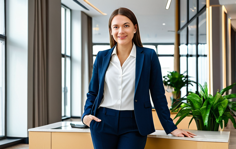 **

A property manager, fully clothed in a modest business casual outfit (blazer, blouse, and slacks), standing in the lobby of a modern apartment building in Moscow. The lobby features sleek architecture, a concierge desk, and indoor plants. Natural lighting, professional photography, perfect anatomy, correct proportions, well-formed hands, proper finger count, natural body proportions, safe for work, appropriate content, professional, family-friendly.

**