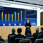 **Prompt:** A professional female economist giving a presentation at an economic forum in Moscow. She is wearing a tailored, modest business suit (dark color). The background shows a modern conference hall with graphs and charts displayed on a large screen. Perfect anatomy, correct proportions, well-formed hands, safe for work, appropriate content, fully clothed, professional. High quality, realistic rendering.