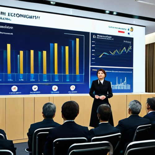 **Prompt:** A professional female economist giving a presentation at an economic forum in Moscow. She is wearing a tailored, modest business suit (dark color). The background shows a modern conference hall with graphs and charts displayed on a large screen. Perfect anatomy, correct proportions, well-formed hands, safe for work, appropriate content, fully clothed, professional. High quality, realistic rendering.