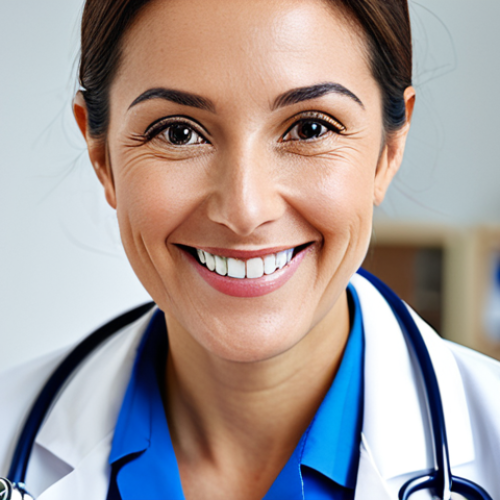 **

A professional doctor in a white coat, stethoscope around neck, smiling warmly in a bright, modern clinic, fully clothed, appropriate attire, safe for work, perfect anatomy, natural proportions, professional medical photography, high quality. Focus on a friendly and trustworthy demeanor.

**