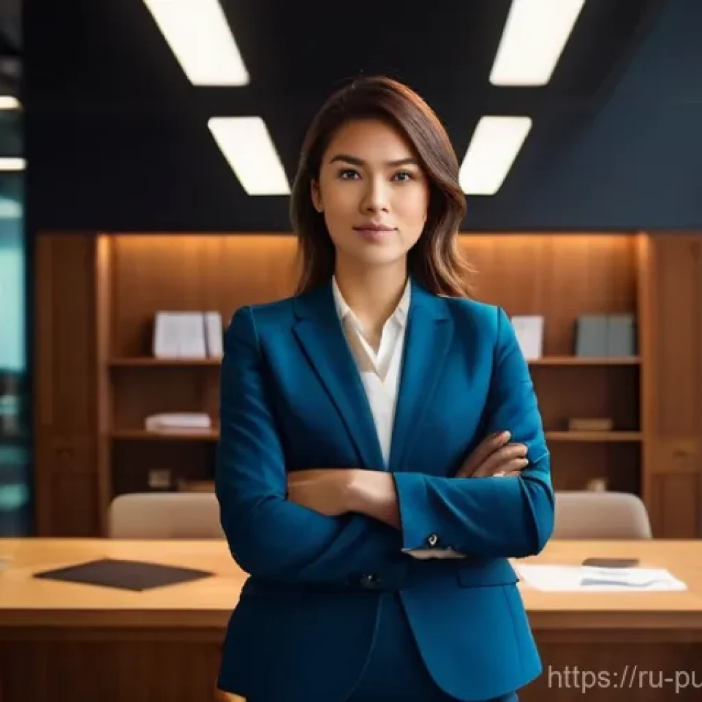 공공관리사 자격증을 활용한 경력 전환 성공 사례 - A professional woman in her late 20s, dressed in a sharp, modern business suit with a crisp blouse, ...