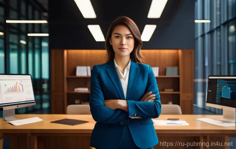 공공관리사 자격증을 활용한 경력 전환 성공 사례 - A professional woman in her late 20s, dressed in a sharp, modern business suit with a crisp blouse, ...