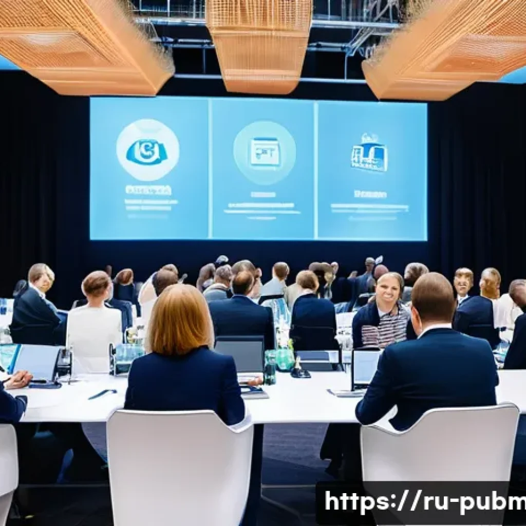 공공관리사 관련 학회 활동의 중요성 - A professional networking event in a modern conference hall in Moscow, with diverse Russian public a...