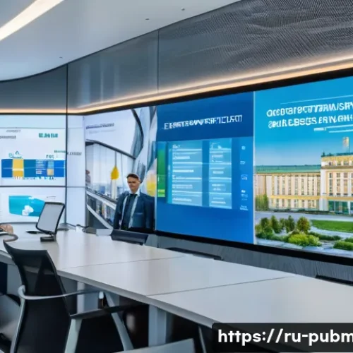 공공관리사 직무에서의 윤리적 문제와 해결 방법 - A detailed scene of a modern government office in Russia with officials working transparently: large...