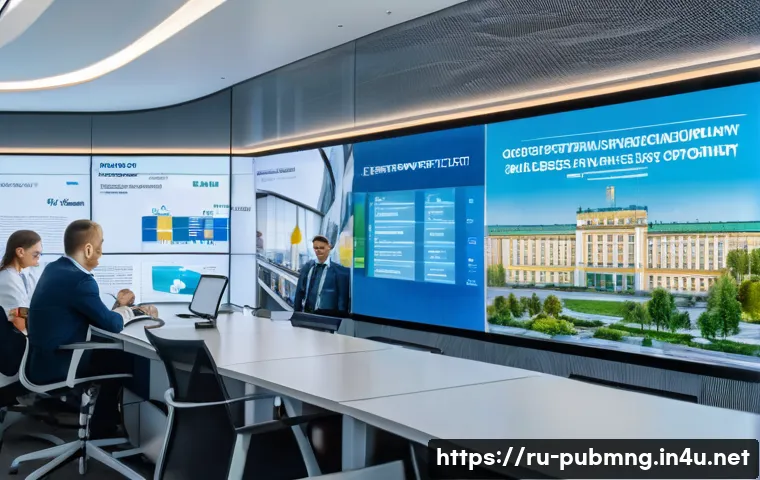 공공관리사 직무에서의 윤리적 문제와 해결 방법 - A detailed scene of a modern government office in Russia with officials working transparently: large...