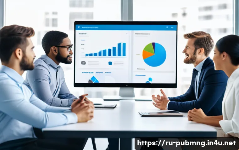 공공관리사 실무에서 리더십을 발휘하는 방법 - A modern office team meeting scene in a bright conference room, diverse professionals actively engag...