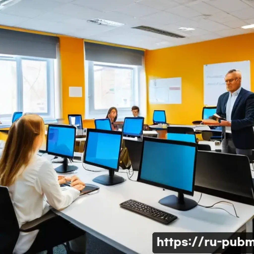 공공관리사와 관련된 국제 자격증의 비교 - A modern classroom setting with diverse adult students from Russia engaged in an online public admin...