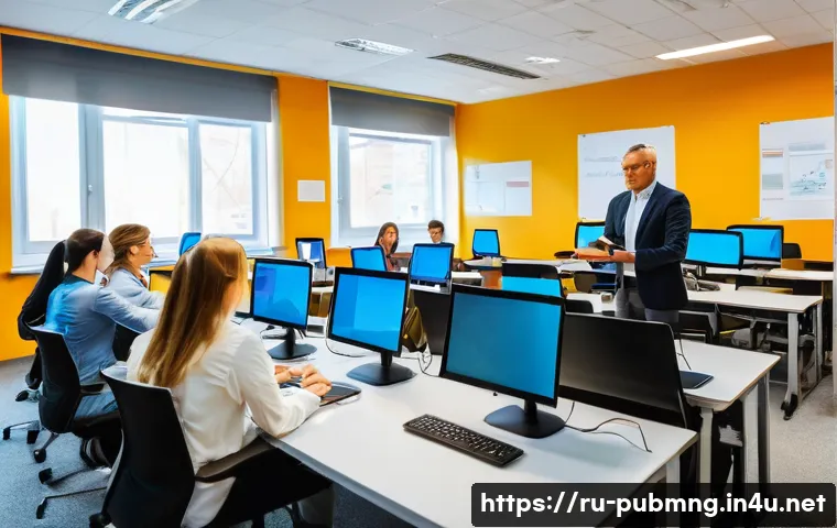 공공관리사와 관련된 국제 자격증의 비교 - A modern classroom setting with diverse adult students from Russia engaged in an online public admin...