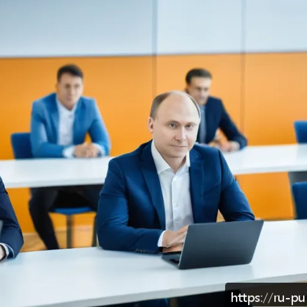 공공관리사 커뮤니티 및 네트워크 활용 - A professional government official in Russia attending a digital transformation seminar, seated in a...