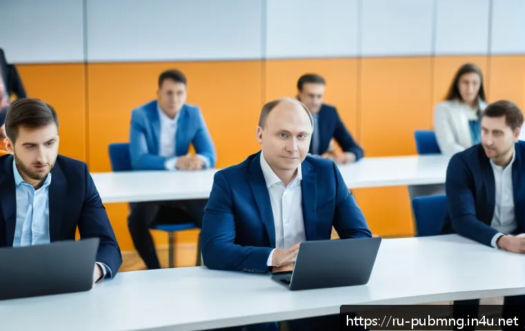 공공관리사 커뮤니티 및 네트워크 활용 - A professional government official in Russia attending a digital transformation seminar, seated in a...