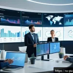 공공관리사와 관련된 최신 기술과 도구 - A modern government data analytics center with diverse professionals analyzing large digital screens...