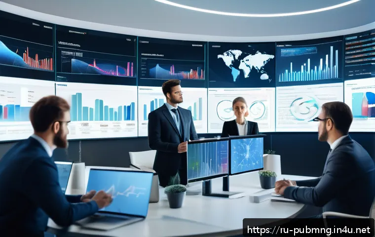 공공관리사와 관련된 최신 기술과 도구 - A modern government data analytics center with diverse professionals analyzing large digital screens...