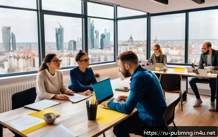 공공관리사 실무 경험과 이론을 결합하는 방법 - A diverse community meeting in a bright, modern coworking space in Moscow, featuring people of vario...