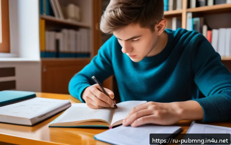 공공관리사 필기시험에서 시간 관리법 - A focused young adult student studying at a tidy desk in a quiet, well-lit room typical of a Russian...