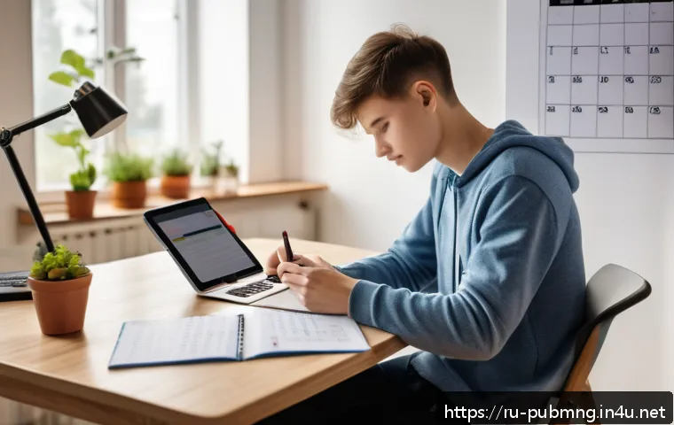 공공관리사 필기시험 준비에 도움이 되는 앱 - A modern study environment featuring a young Russian student using a smartphone and tablet simultane...