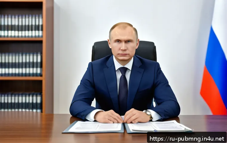 공공관리사 자격증 취득 방법 - A professional Russian government official in a modern office setting, dressed in formal business at...