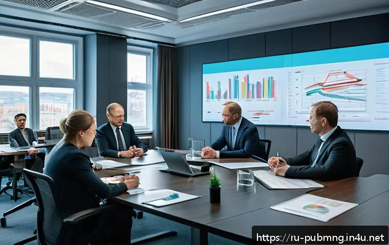 공공관리사 직무에서의 윤리적 문제 해결 사례 - A modern Russian government office setting with diverse public officials in formal attire engaging i...