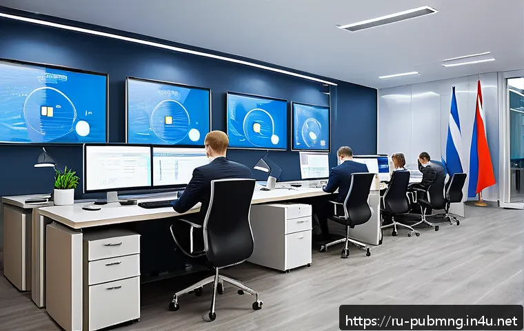 공공관리사 직업 만족도 조사 - A modern Russian government office environment during working hours, showing diverse employees inclu...