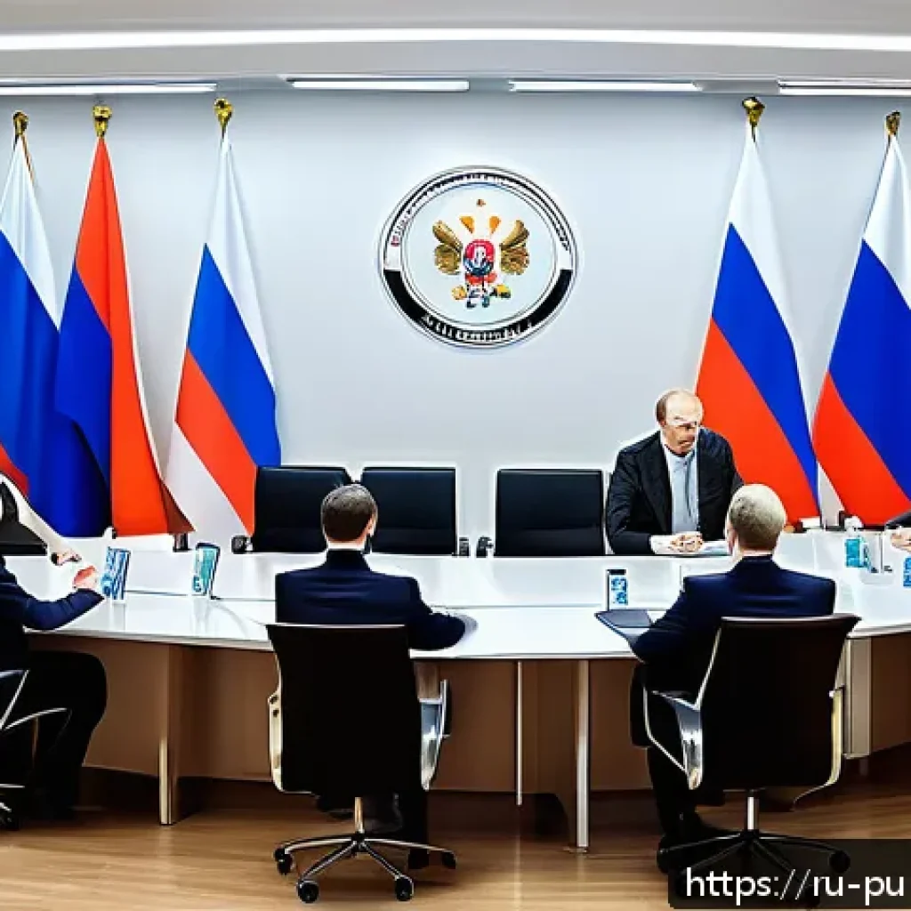 공공관리사 직무와 관련된 법적 문제 - A professional government office scene showing a diverse group of Russian civil servants in formal b...