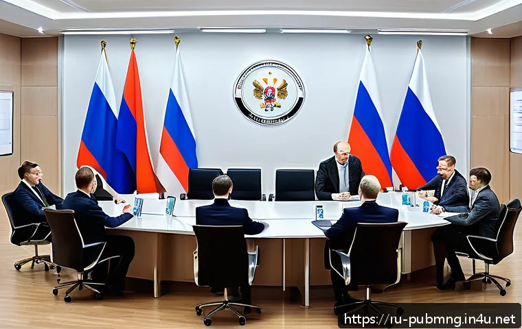 공공관리사 직무와 관련된 법적 문제 - A professional government office scene showing a diverse group of Russian civil servants in formal b...