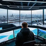 공공관리사 관련 산업에서의 최신 기술 도입 사례 - A futuristic urban infrastructure monitoring center in Russia, showing a large digital dashboard wit...
