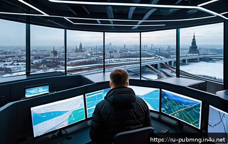 공공관리사 관련 산업에서의 최신 기술 도입 사례 - A futuristic urban infrastructure monitoring center in Russia, showing a large digital dashboard wit...