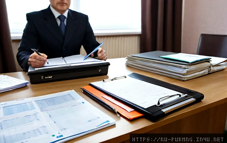 Home 15 공공관리사 실무에서 사용하는 문서 양식 - Photorealistic municipal property management office in Russia, organized desk with blank official do...
