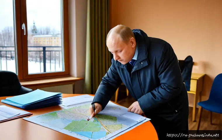 Home 30 공공관리사 실무 경험을 통해 배우는 교훈 - Photorealistic municipal public manager in a modern Russian city administration office, reviewing co...